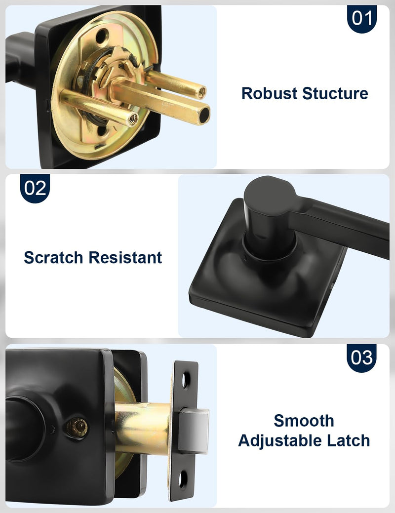 Mengico 1 Pack Passage Door Levers Black Finish, Heavy Duty Interior Door Handles for Closet and Hallway, No-Locking Keyless Square Door Knob, Reversible for Left or Right