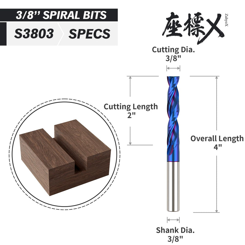 ZahyoX 3/8" Upcut Extra Long Spiral CNC Bit, NACO Coated Router Bit, 3/8" Cutting Dia, 2" Cutting Length, 4" Overall Length, CNC Woodworking End Mill Upcut, 2" CL Pack of 1