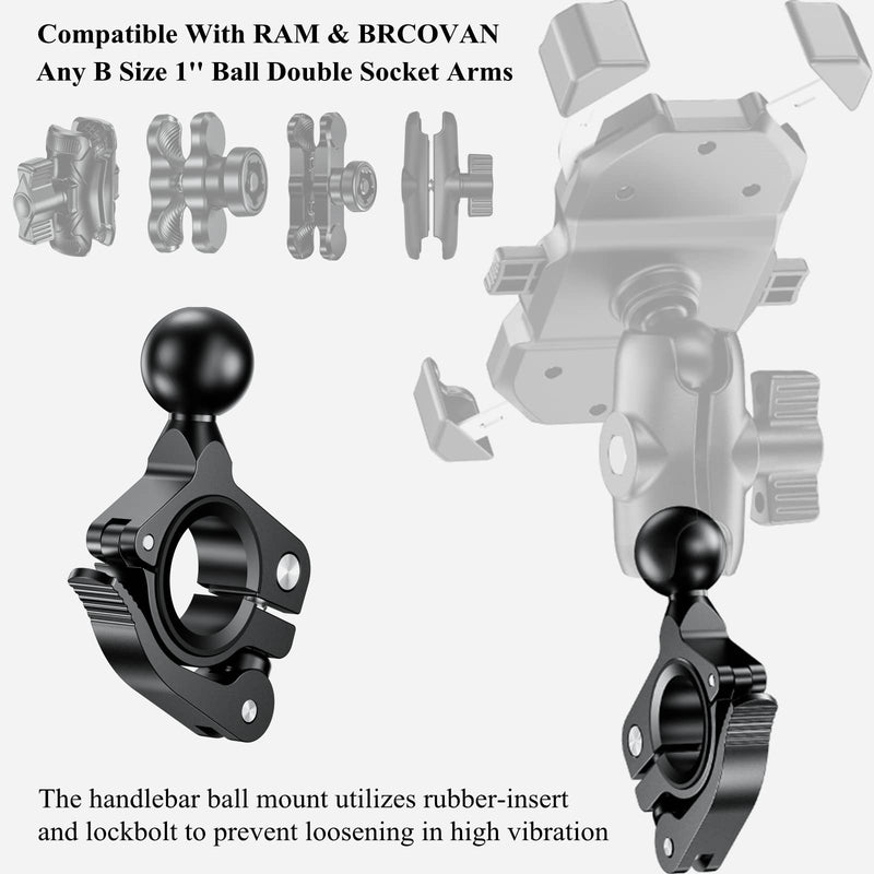 BRCOVAN Aluminum Alloy Handlebar Clamp Mount Base with 1'' TPU Ball for Rail Diameter 0.5'' 0.87'' 1'' 1.125'' 1.26'', Fit for RAM Mounts B Size 1 Inch Ball Double Socket Arm, Tool-Less Installation R18-Set of 1