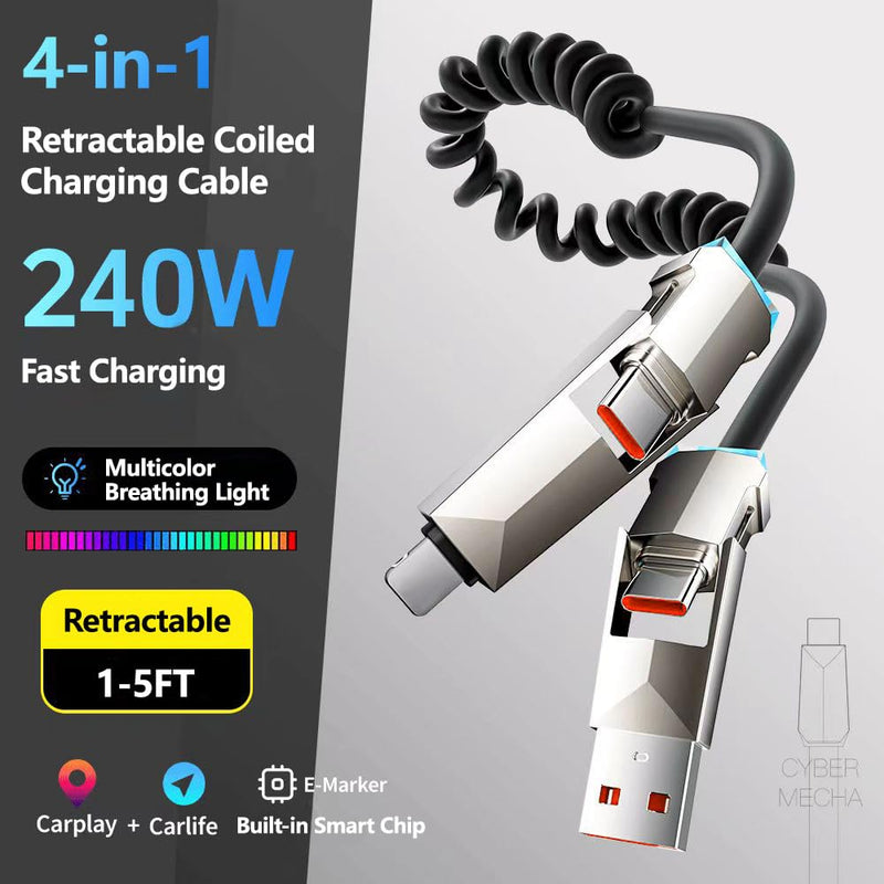 4 in 1 Spring Fast Charging Cable (2Pack), 240W USB-C PD Multi Fast Charging, 1.2m/5ft Coiled Retractable Cable for iPhone, Samsung, iPad, MacBook,Tablets - Black