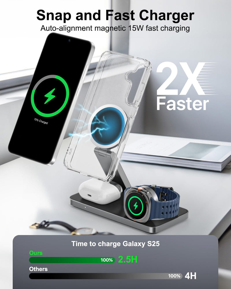 Qi2 25W Magnetic Wireless Charger for Samsung, 3 in 1 Fast Charging Station Compatible with MagSafe for Galaxy S26/S25/S24/S23/Ultra/Plus/Z Fold/Flip 8, Watch Ultra/8/7/6/5 & Buds with 35W Adapter Black 25.0 Watts