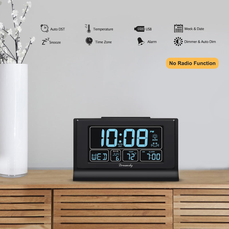 DreamSky Alarm Clocks for Bedrooms with Battery Backup, Auto Set Digital Clock with Date and Day of Week, Temperature, USB Port, Auto DST, Dimmer, 12/24H Black