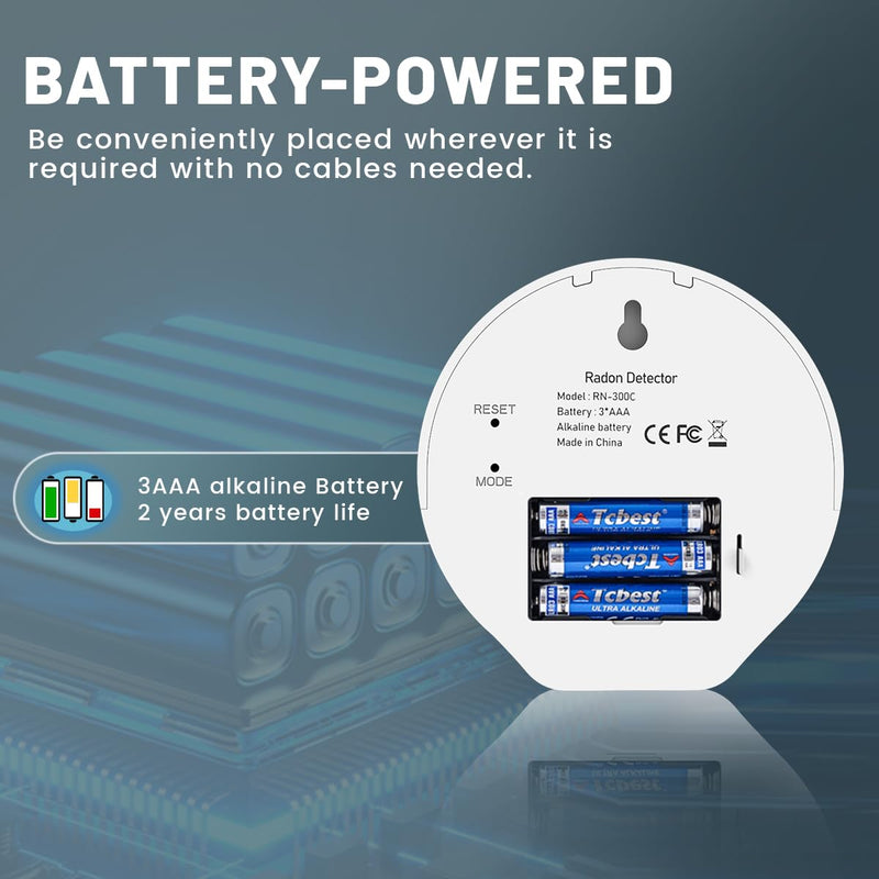 Radon Detector, E-Ink Screen, Alpha Spectrometer Sensor, 2-Year Battery Life, Wall Mounted & Free Standing, PCi/L & Bq/m³ Units Switchable, Hello Radon C, for Home, Office, Workplace