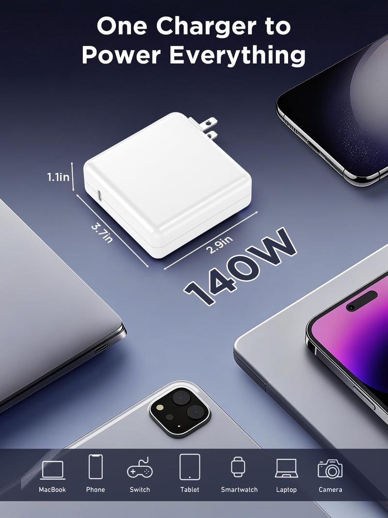 140W Charger for MacBook Pro 16 14 inch Mac Air 15 13 inch | Compatible with Mac M1 M2 M3 M4 M5 Chips (2021-2026)【Original Quality】PD3.1 GaN Fast Charger, 6.6FT Dual Cables Included