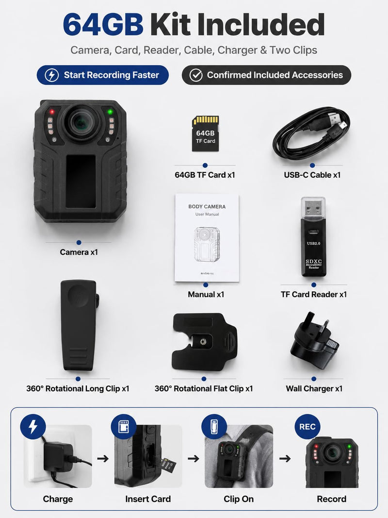 SPIKECAM 10 Hours Body Cameras with Audio and Video Recording, Real 1080P Body Cam for Security Guards, 2-Inch Screen Bodycam with Clear IR Night Vision, USB-C, 360° Clip 32G
