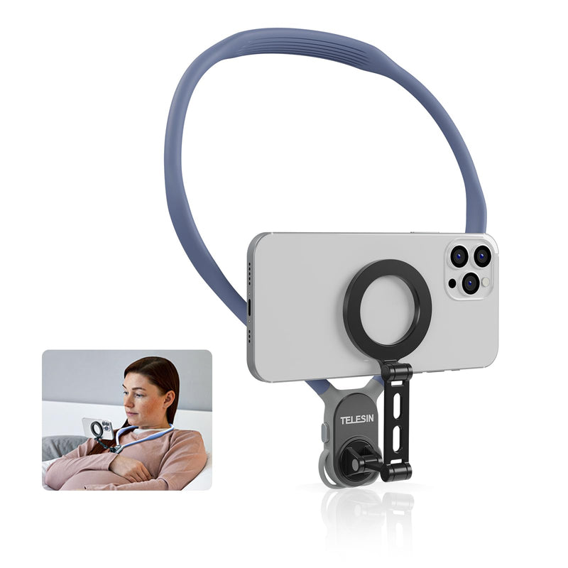 Neck Phone Holder Mount, POV/Vlog Magnetic Selfie Tripod for Magsafe iPhone 15 14 13 12 Pro Max Mini Plus Seires, Hand Free Chest Strap Video Recording for Android Galaxy Aceessories(Navy blue) Navy blue