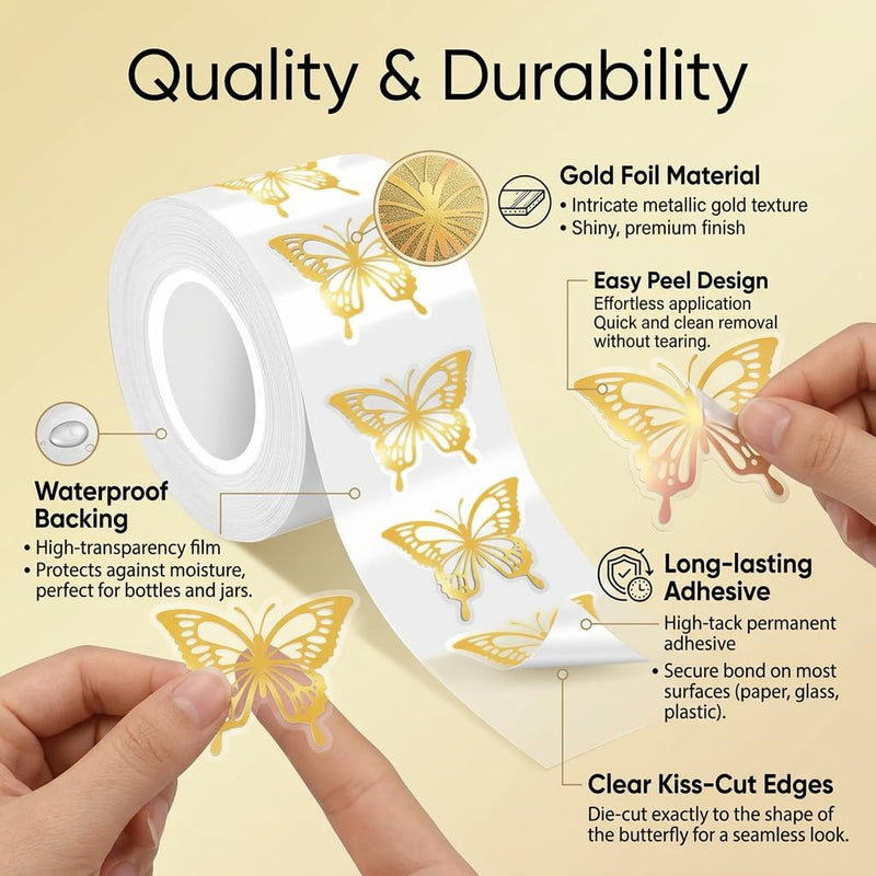 500Pcs Gold Foil Butterfly Stickers, Packaging & Envelope Seals | 500Pcs gold foil butterfly stickers; waterproof self-adhesive accents for packaging, envelopes, crafts, gifts, or parties. 500pcs- Gold Foil Butterfly Pattern