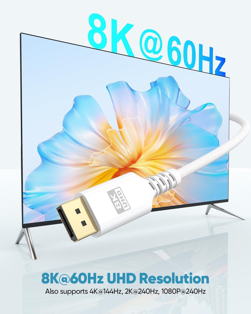 8K White Display Port Cable 15FT, DisplayPort 1.4 Cable DP Cord (8K@60Hz, 5K@60Hz, 4K@144Hz, 2K@240Hz, HDR) for Gaming Monitor PC, Laptop, Graphics Card