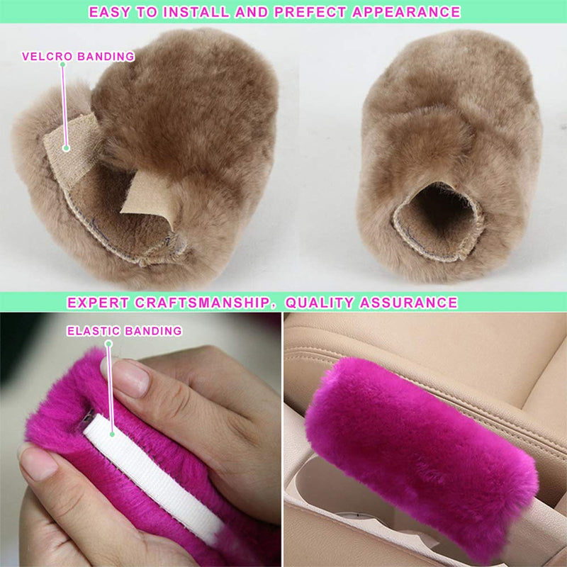 Fluffy Natural Fur Sheepskin Car Gear Shift Handle Level Stick Knob Covers for Automobile Selector Handball Collar, Handbrake Cover (Korean Pink) Korean Pink