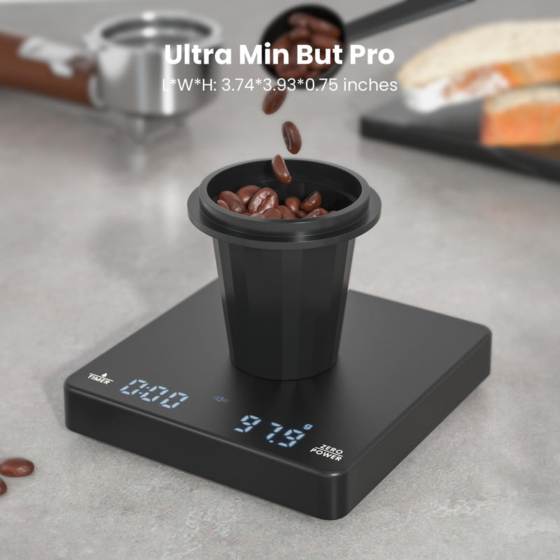 Mini Coffee Scale with Timer, Maestri House Rechargeable Espresso Scale, 2kg/0.1g Accurate Scale for Espresso and Pour-Over Coffee, Portable Digital Kitchen Scale with Automatic Timing-Black Black
