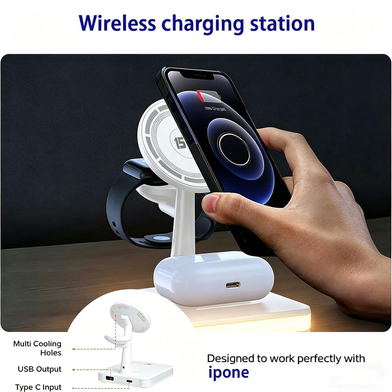 4-in-1 Magnetic Wireless Charging Station with LED Light for iPhone Series | Nightstand Wireless Charging Station for iPhone 13-17,Watch 10/9/8/7/Ultra 2/SE 2, Earbuds 4/3/2for Office Desk for Travel