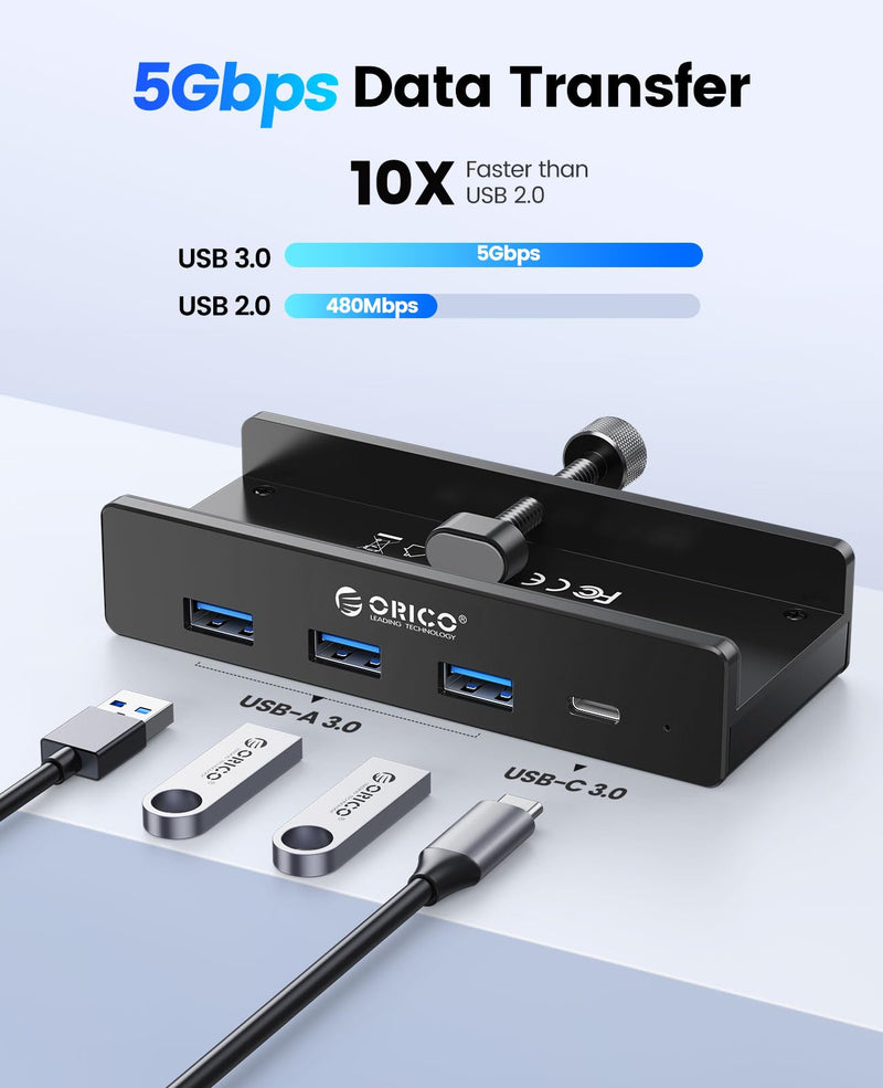ORICO USB Hub 3.0, Clamp USB Hub with Extra Power Supply Port, Aluminum 4-Port USB Adapter with 3 USB-A Data Ports, USB-C Port for Monitors, Desks (Black) Black