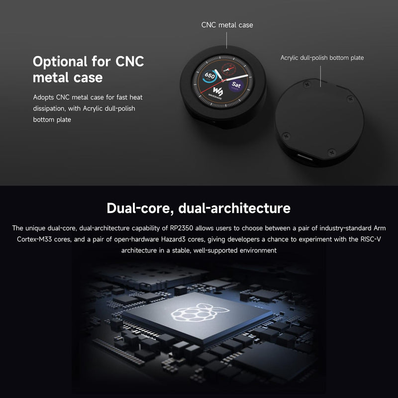 Waveshare RP2350 MCU Board, with 1.28inch Round Touch LCD, Dual-core & Dual-Architecture Design, 240×240 Pixels, 65K Color, IPS Panel, with Case