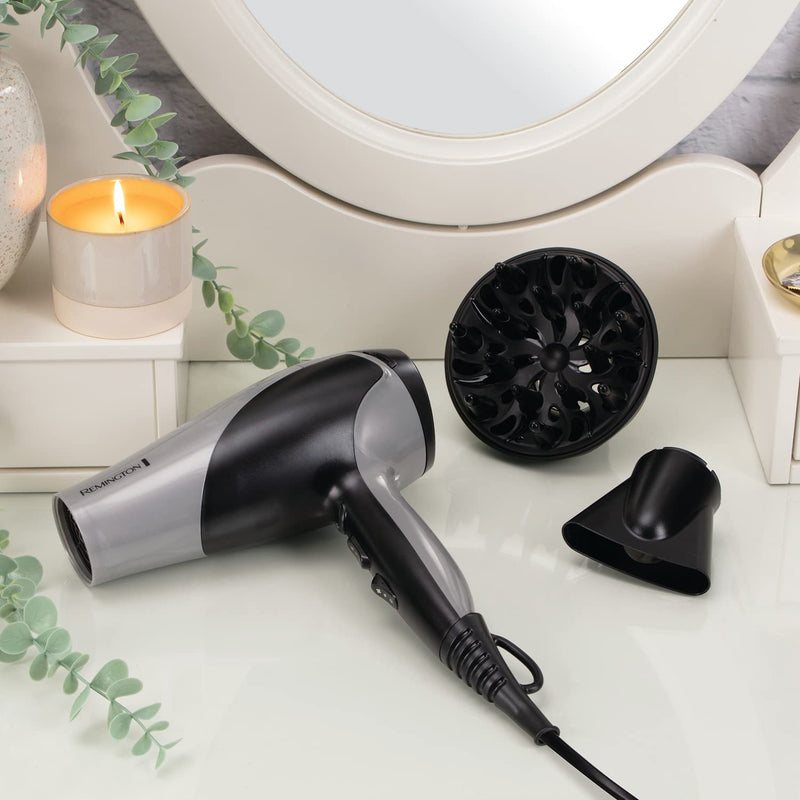 Remington Ionic Dry Hair Dryer 2200W, Silver, Diffuser, 3 Heat Settings | Includes Concentrator, Cool Shot Feature, D3190S Model, Ionic Conditioning, 2 Speed Settings for Versatile Styling