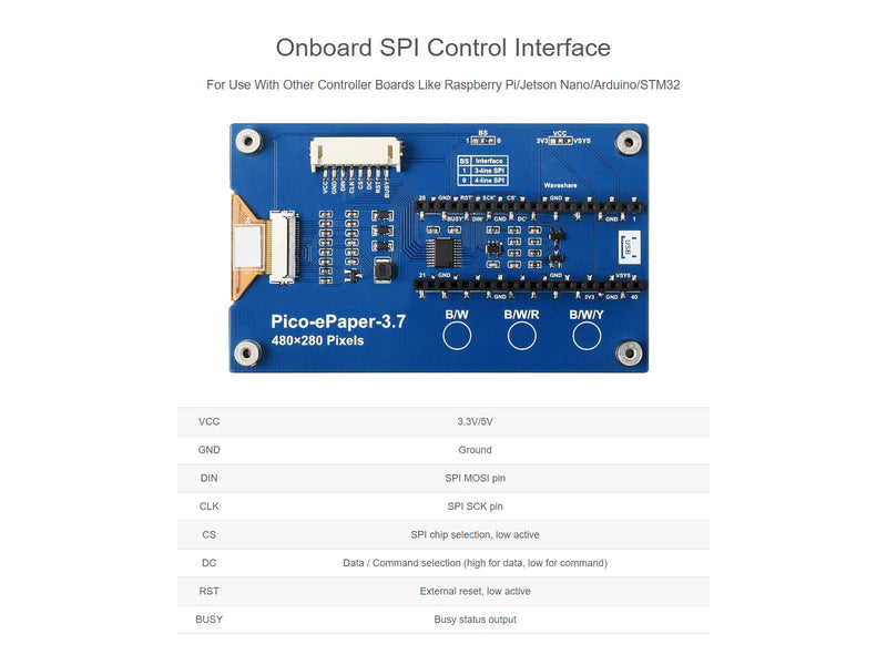 waveshare 3.7inch E-Paper E-Ink Display Module for Raspberry Pi Pico 480×280 Pixels Black/White SPI Interface Support Partial Refresh