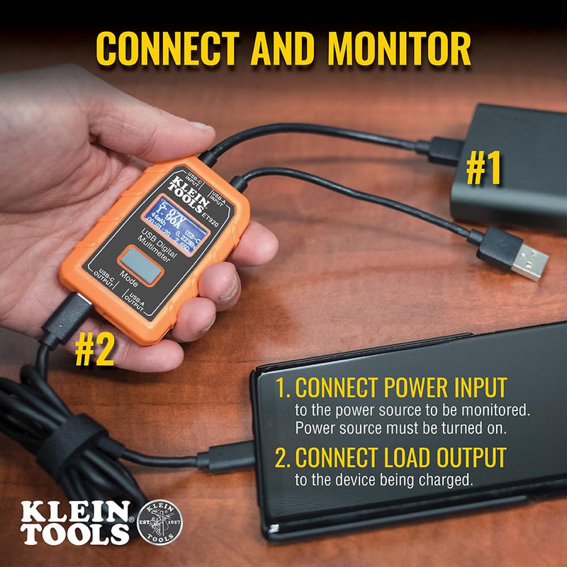 Klein Tools ET920 USB Power Meter, USB-A and USB-C Digital Meter for Voltage, Current, Capacity, Energy and Resistance Electric Circuit Testing Device USB-A and USB-C Meter