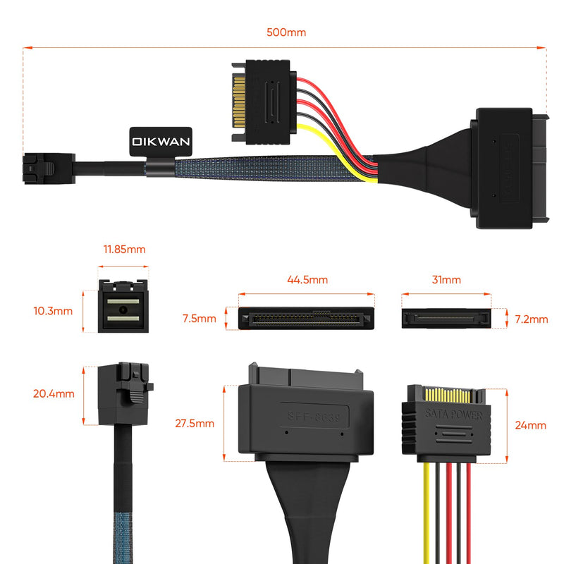 Internal 12G Mini SAS HD to U.2 / SFF-8643 to SFF-8639 Cable 0.5m with 15Pin SATA Power for U.2 SSD 1.6FT