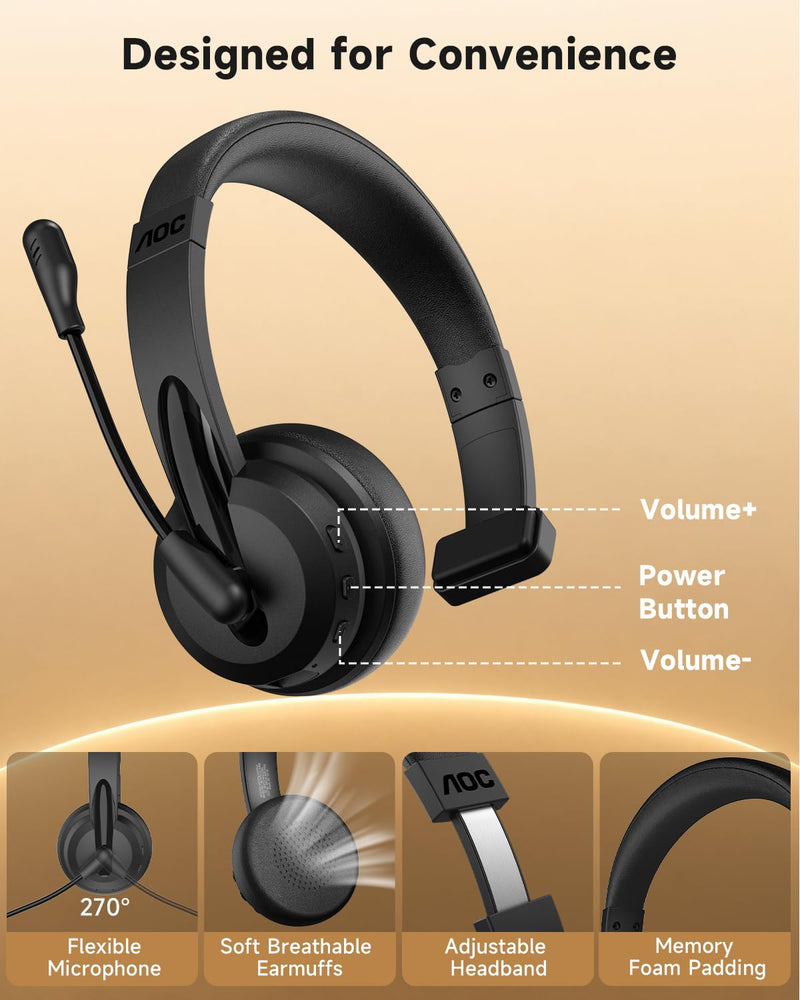 AOC Wireless Headset with Microphone for Work, AI ENC Noise Cancelling Bluetooth 6.0 Headset, 45H Playtime Mono Office Headset with 2.4G Dongle BLACK