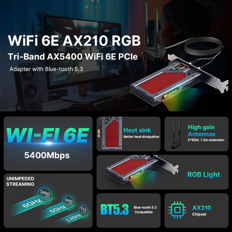fenvi AX210 WiFi 6E PCI-E WiFi Adapter BT5.2 RGB Gaming 802.11ax ac 160MHz 2.4GHz 5GHz 6GHz Tri-Band 5400Mbps AX210NGW Desktop WiFi Card for PC Windows(Only WiFi 6E Router Antennas Support 6Ghz Band)