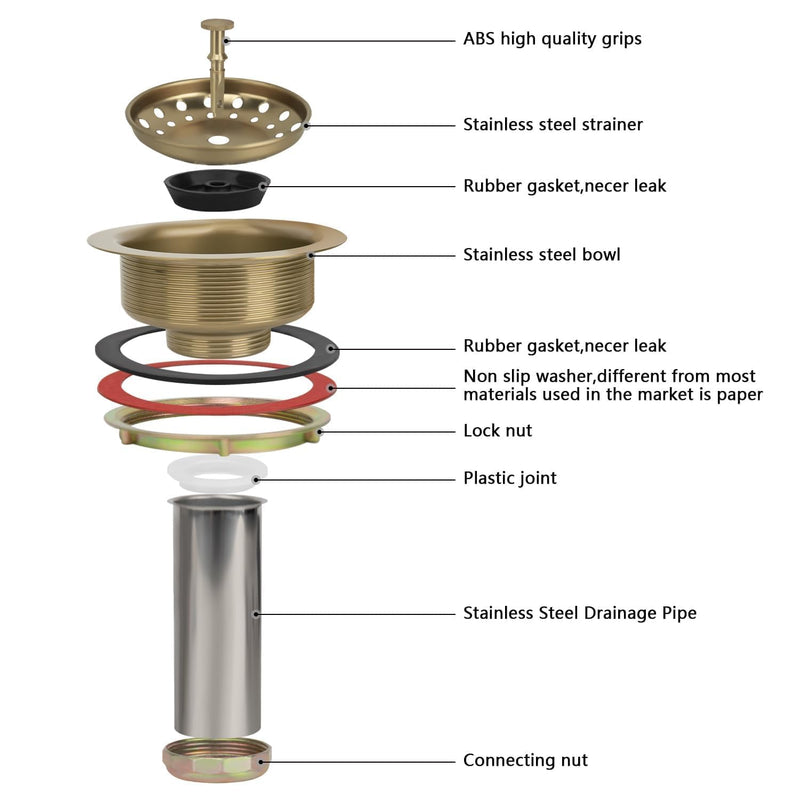 Uni-Green Champagne Bronze Kitchen Sink Drain for Standard 3-1/2 inch Drain - Fit 1-1/2 inch Pipe - Kitchen Sink Drain Strainer Stainless Steel Basket with Knob - Rubber Stopper Bottom