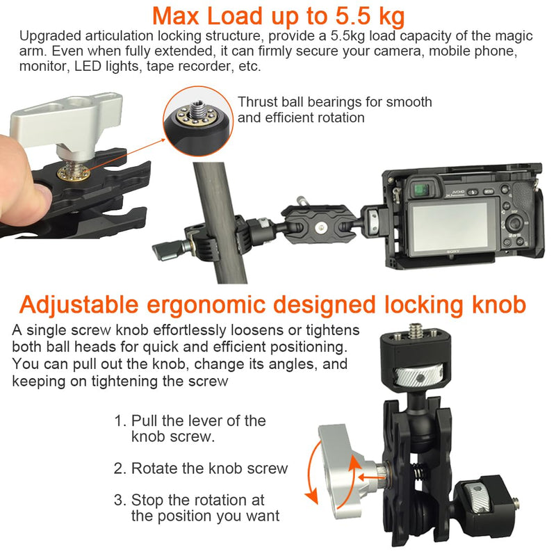 Articulating Magic Arm with 1/4"-20 Screws (with Retractable Locating Pins for ARRI), Flexible Articulating Arm Camera Field Monitor Mount with Dual Ball Heads for Camera Cage