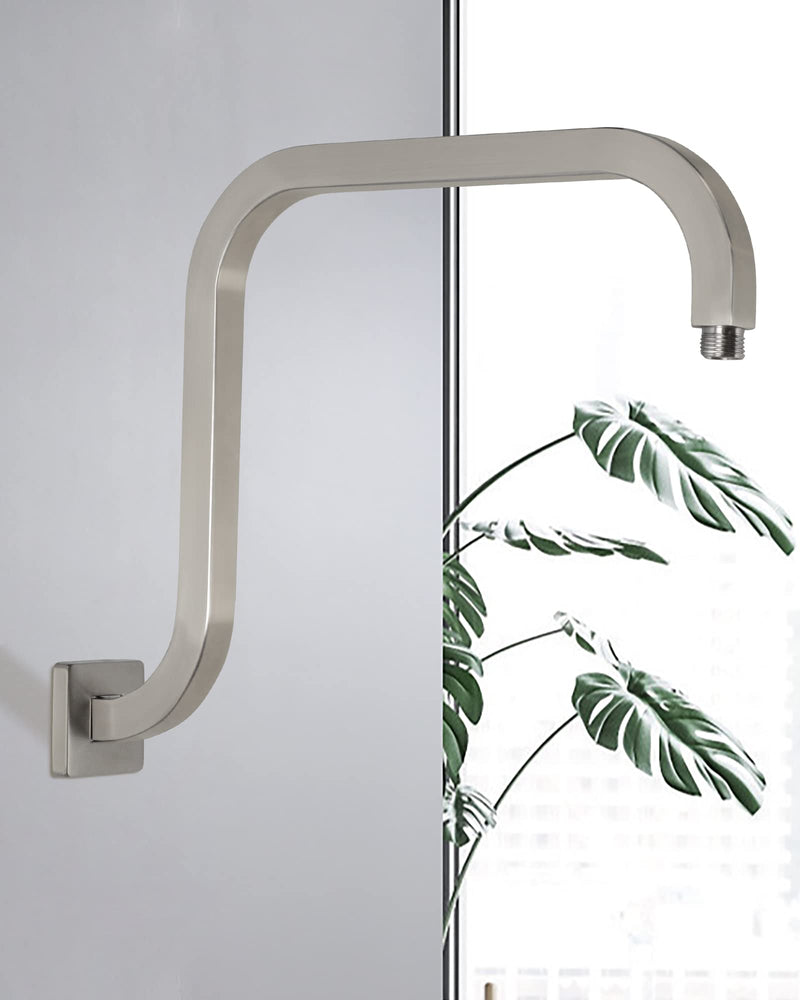 PHASAT S Shaped Square Shower Arm with Flange,High Rise Shower Head Extension Arm Brushed Nickel,PU9L03 Square-Standard