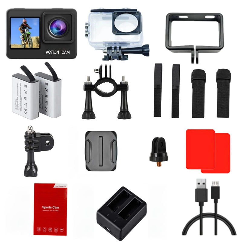 Dual Screen Action Camera, 1080P 16MP Waterproof Camera, Black | 40M Underwater Camera, with 2x1050mAh Batteries, 16GB Card & Full Accessories for Helmet, Bicycle,etc. 16.0 GB