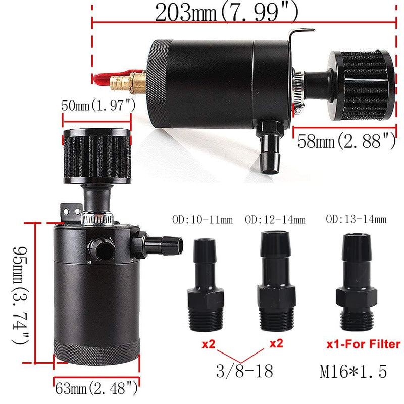Oil Catch Can Kit with 4 Adapters + Breather Filter Drain Valve Plug 2 Ports (1 oulet + 1 inlet) 150ml Universal Aluminum Baffled Oil Reservoir Tank Oil Separator HTRACING black