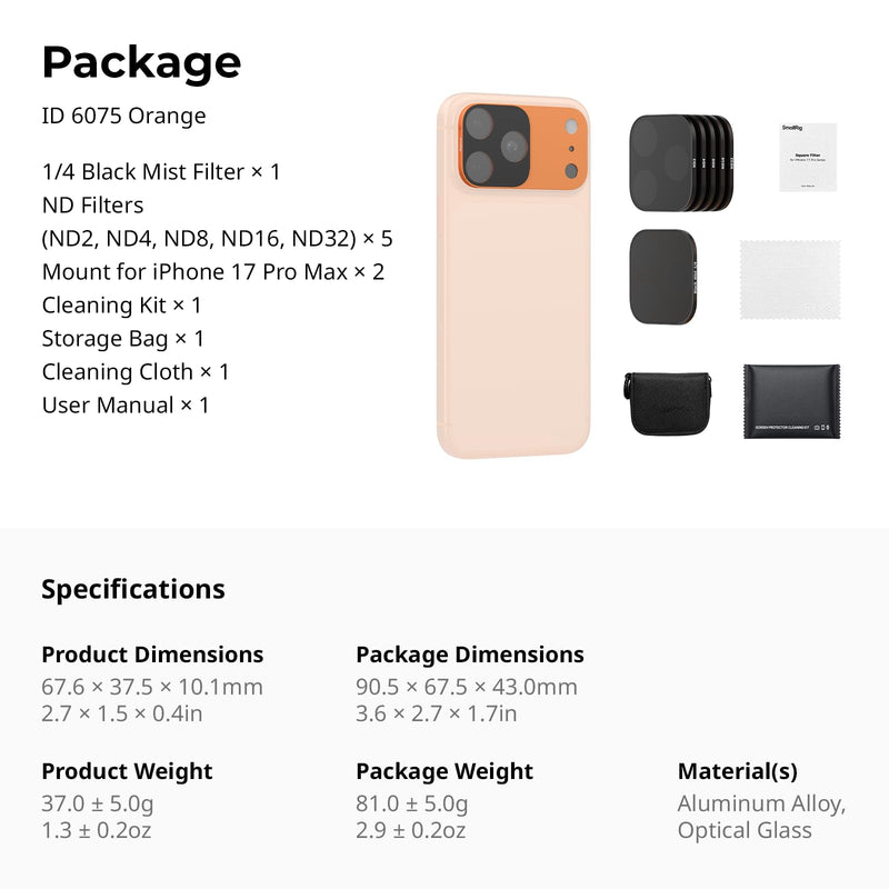 SmallRig Square ND & Black Mist Filter Kit for iPhone 17 Pro Max, Magnetic Lens Filters with Base Mount, Black Mist Diffusion 1/4 Filter/ND2/ND4/ ND8/ND16/ND32, 6 Pack, Orange- 6075