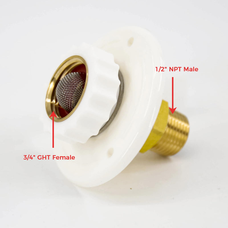 RV Water Inlet Connection City Water Fill Inlet Flange Brass with Check Valve RV Water Hose Connector Replacement 1/2" NPT Male City Water Fill Flange City Water Hookup for Camper (White) White