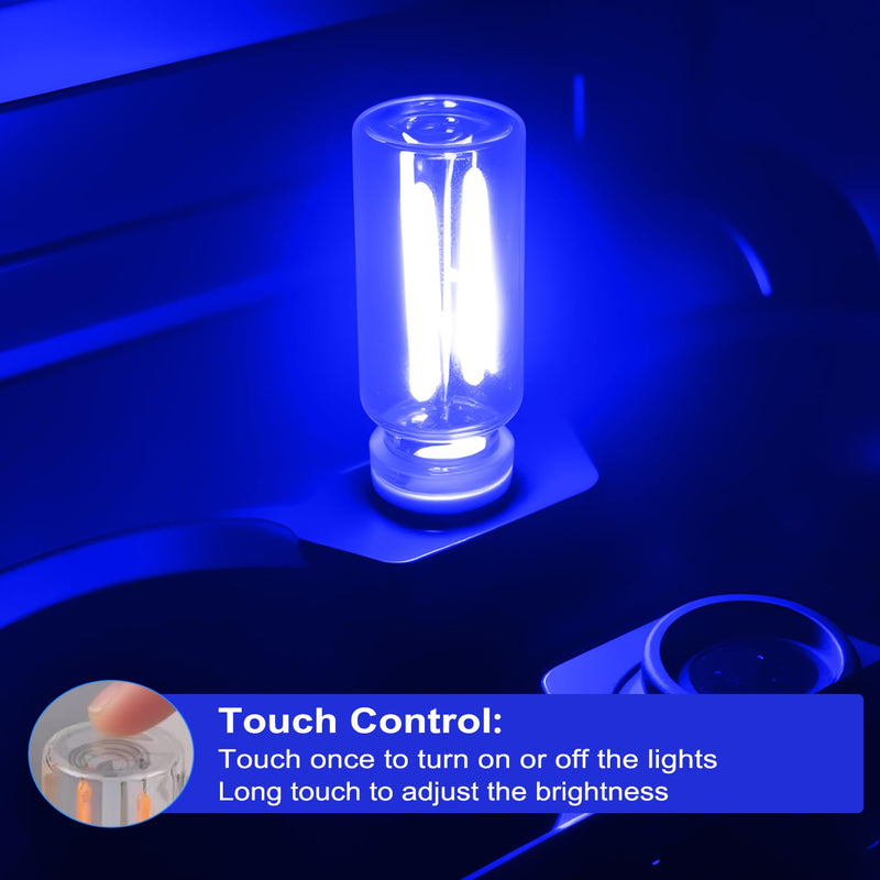 2 PCS Car USB Lights, Plug-in Retro Car Atmosphere Lamp with Touch Dimmable, Portable Mini Glass Bottle LED Bulb Night Lights for Vehicle Bedroom Hallway Camping Holiday Decoration (Blue) blue