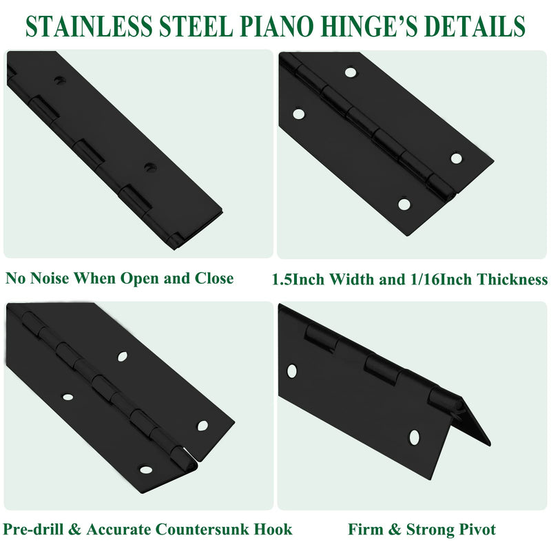 2Pack Heavy Duty Piano Hinge, 2" Open Width x 18" Continuous & Piano Hinges, 0.06” Thick Stainless Steel Piano Hinge with Holes, Black Stainless Furniture Hinges for Cabinet Door Cases Woodworking 18INCH