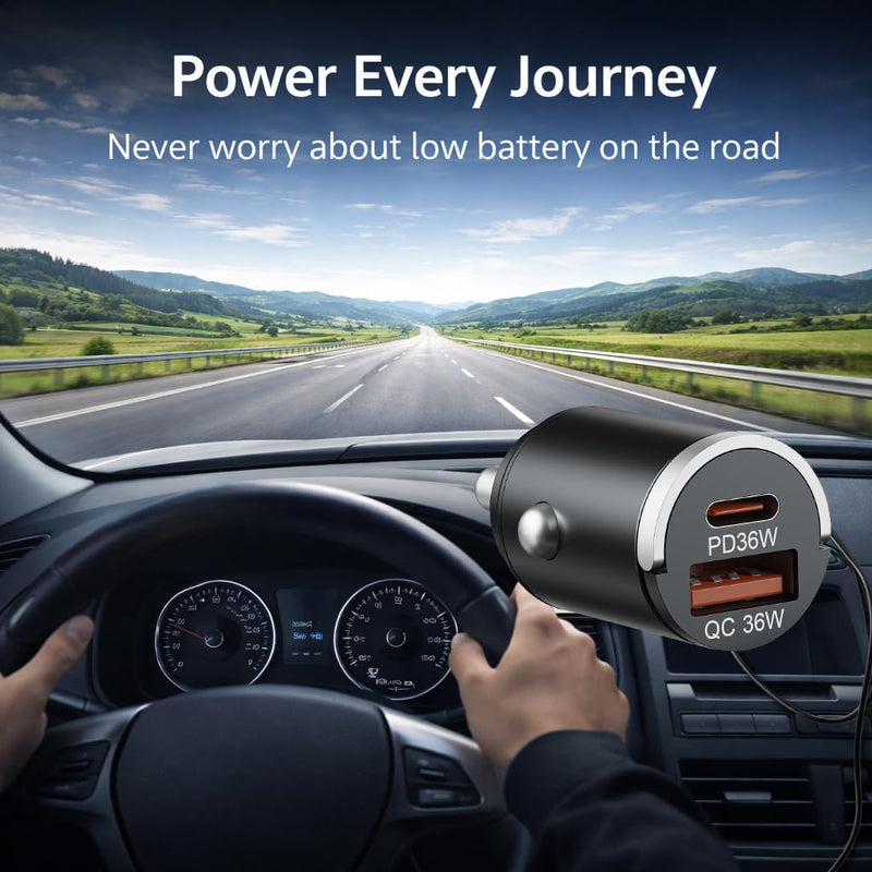 USB C Car Charger Fast Charging, 36W Dual Port Car Charger Adapter, PD 36W USB C & QC USB A, Mini Aluminum Car Charger for iPhone 17/16/15, Samsung, Huawei, iPad, AirPods