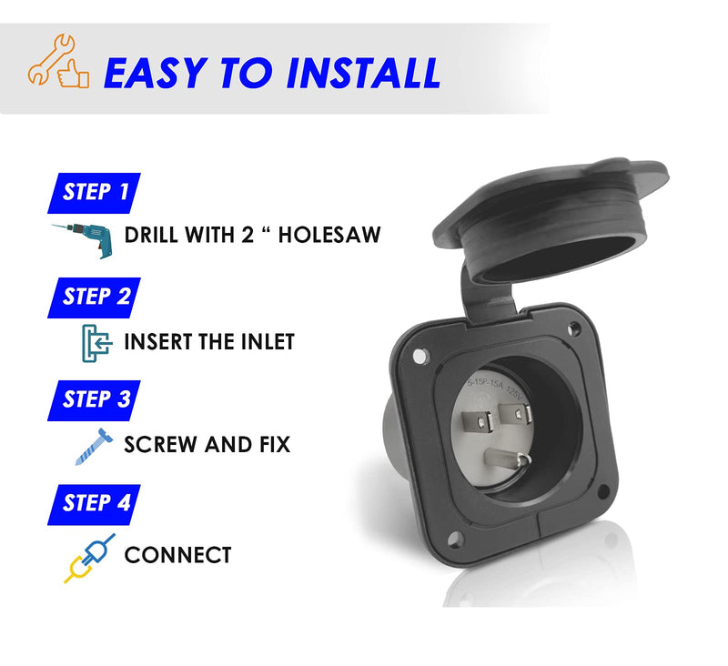 15 Amp Inlet, Shore Power Flanged Receptacle, 15A 125V Recessed Male Outlet, NEMA 5-15 AC Port Plug with Waterproof Covers, Exterior Electrical Connections for RV Trailer Shed Block Heater No Cord