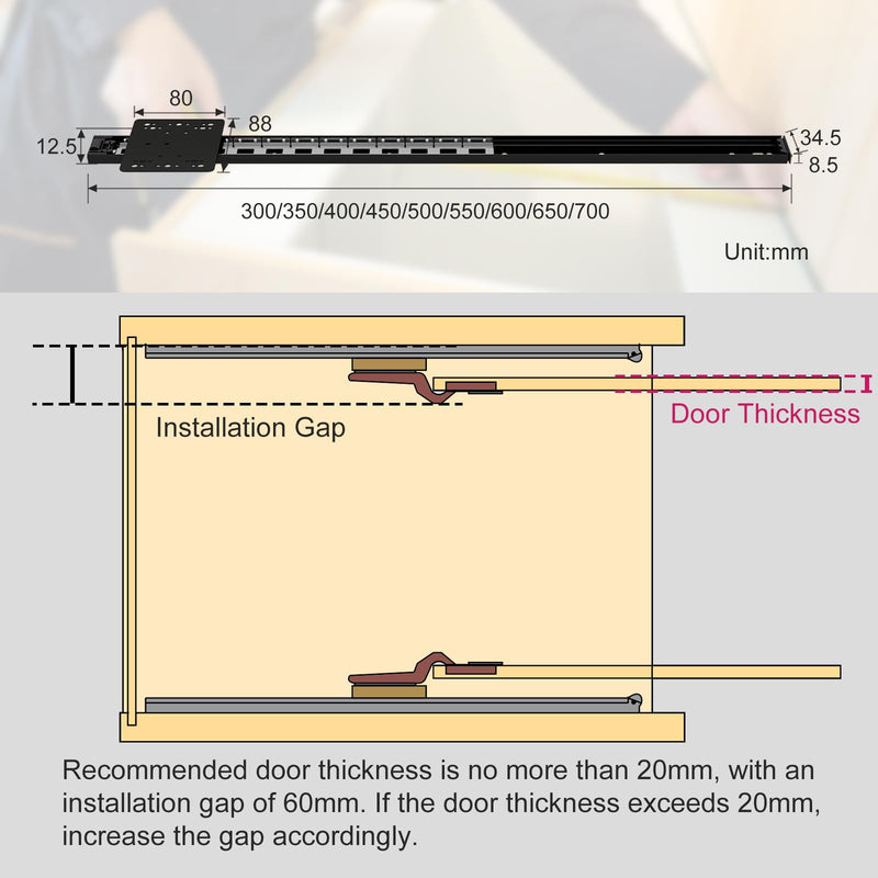 NECILO Cabinet Pocket Door Slides 20 Inch, Sliding Cabinet Pocket Door Hardware, Full Extension Ball Bearing, Space Saving Top/Side Mount for Cabinet Doors Wardrobes Closet Pantry, 1 Pair