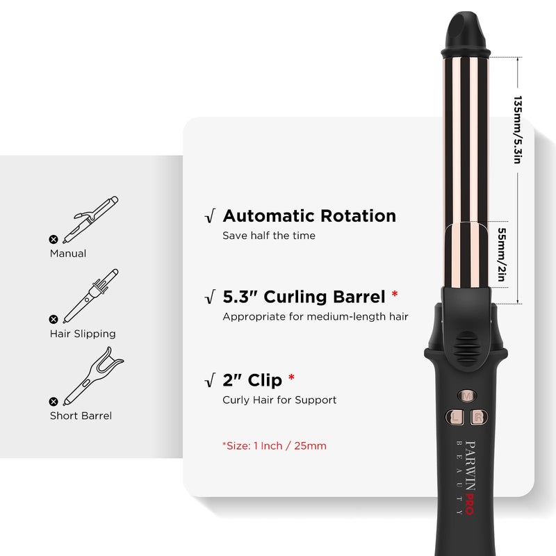 25 mm Rotating Curling Iron, Automatic Hair Curler, Dual Voltage | Nano Titanium Coating, Curling Tongs, LCD Display, Negative Ions, Auto Shut-Off, 120–210°C, for Loose Curls 25MM