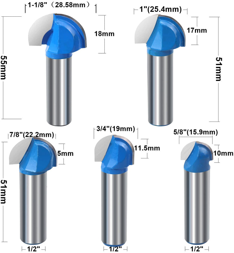 Core Box Router Bit Set Double Flute Round Nose Router Bit Woodworking Tool Round Groove Router Bit 1/2 Inch Shank -( 5/8" 3/4" 7/8" 1" 1-1/8") 5PCS CORE BOX BIT-1/2" Shank - 5PCS