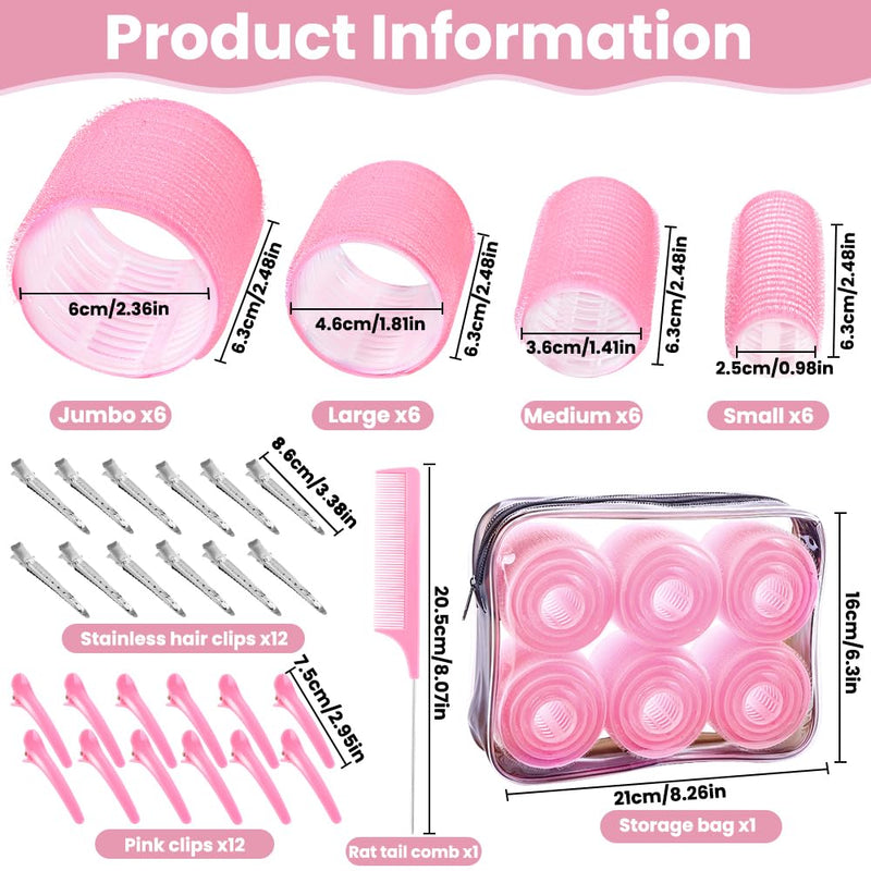 JOLCEEY 50pcs Hair Rollers with Clips, Jumbo Large Medium Small Rollers for Hair Volume Big Hair Curlers Rollers for Long Medium Short Hair DIY Hairdressing (Pink) 50PCS-C