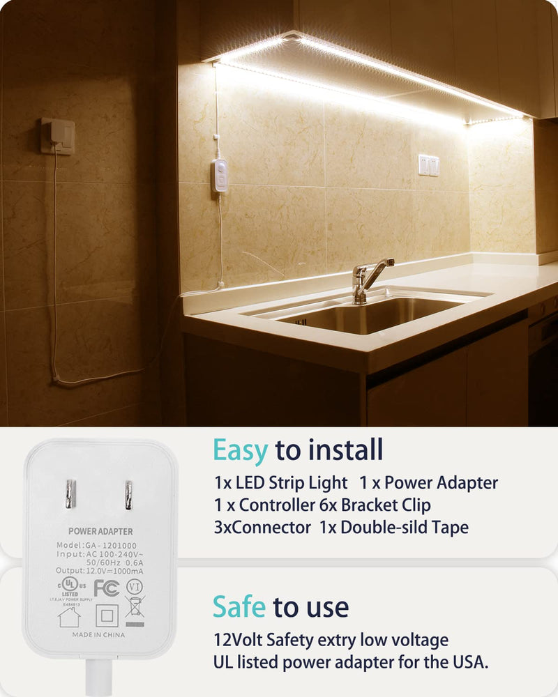 Under Cabinet Lights - Plug-in Motion Sensor LED Strip Lights Indoor with UL FCC Approved Adapter, Dimmer and Timer for Kitchen Cabinet, Stairway, Bedroom 2 Pack WARM WHITE 6000K 16.4FT 2 PACK