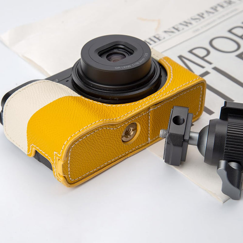 GRIV Genuine Leather Color-Block Camera Case with Shoulder Strap for Ricoh GR IV/GR IV X/GR IV HDF/GR4 Handmade Half Cover (Yellow White-Set) Yellow White-Set