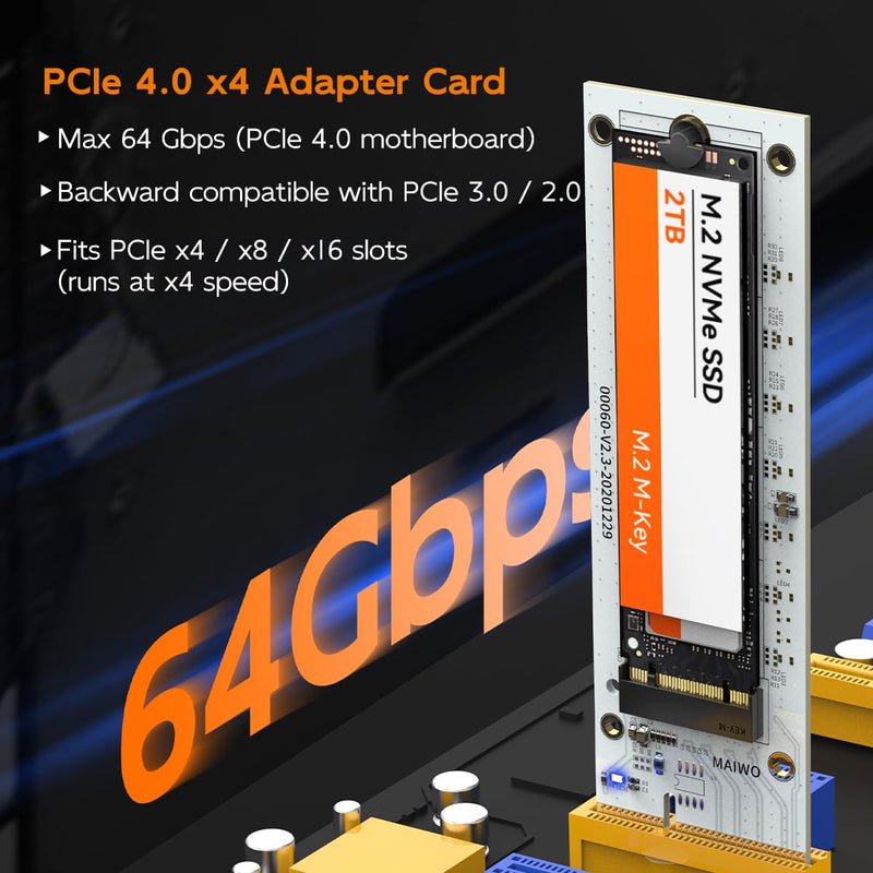 MAIWO M.2 NVMe to PCIe X4 Adapter Card, Expansion Card for M.2 NVMe M-Key 2230/2242/2260/2280 SSD, Compatible with PCIe X4/X8/X16, Up to 64Gbps (Not for M.2 SATA)