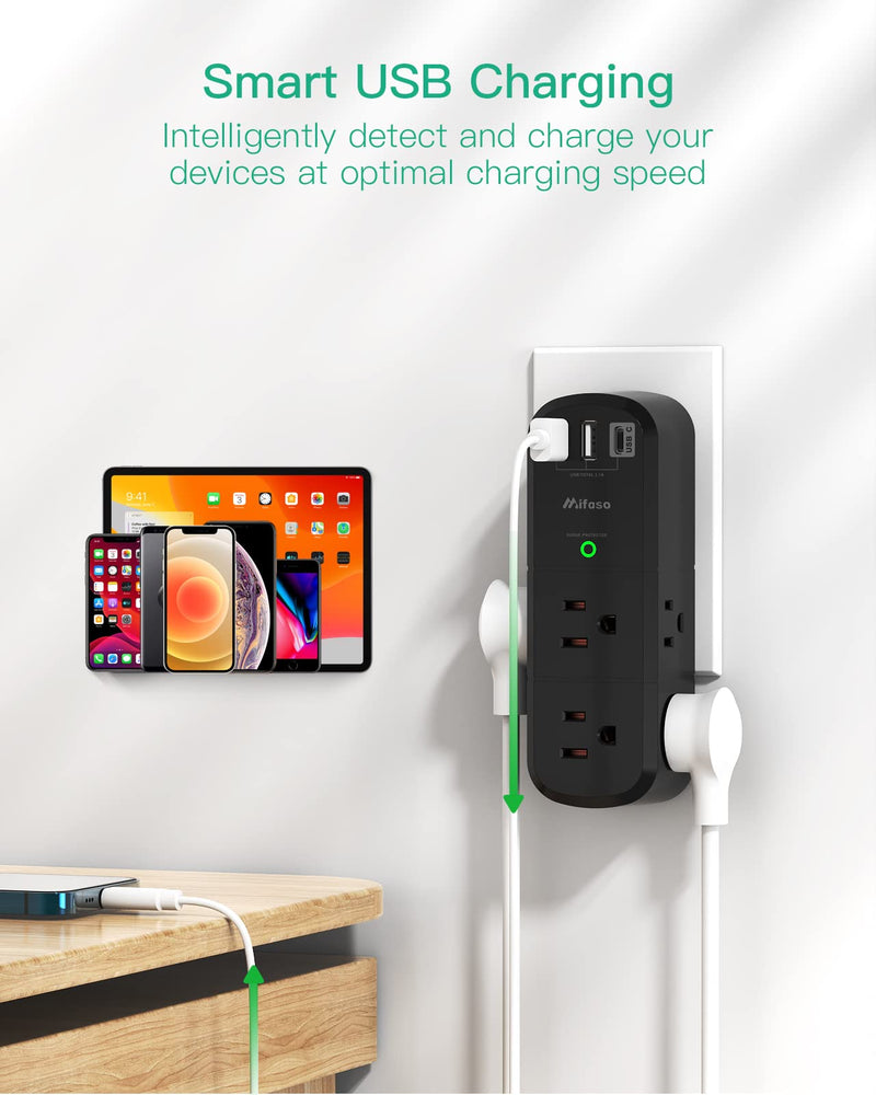 Surge Protector USB Outlet Extender with Rotating Plug, 6 AC Multi Plug Outlet and 3 USB Ports (1 USB C), 3-Sided Swivel Power Strip Outlet Splitter for Home, Dorm Room Essentials (2 Pack) 2 Pack Black
