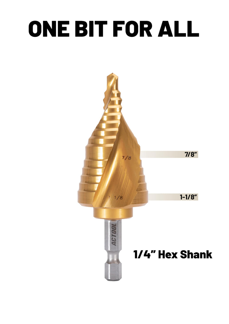 Industrial HSS Step Drill bit 7/8''-1-1/8'' with 1/4'' Hex Shank, Unibit Double Spiral Flute with TiN Coating for Metal, Stainless Steel, Aluminum, Plastic 7/8''-1-1/8''