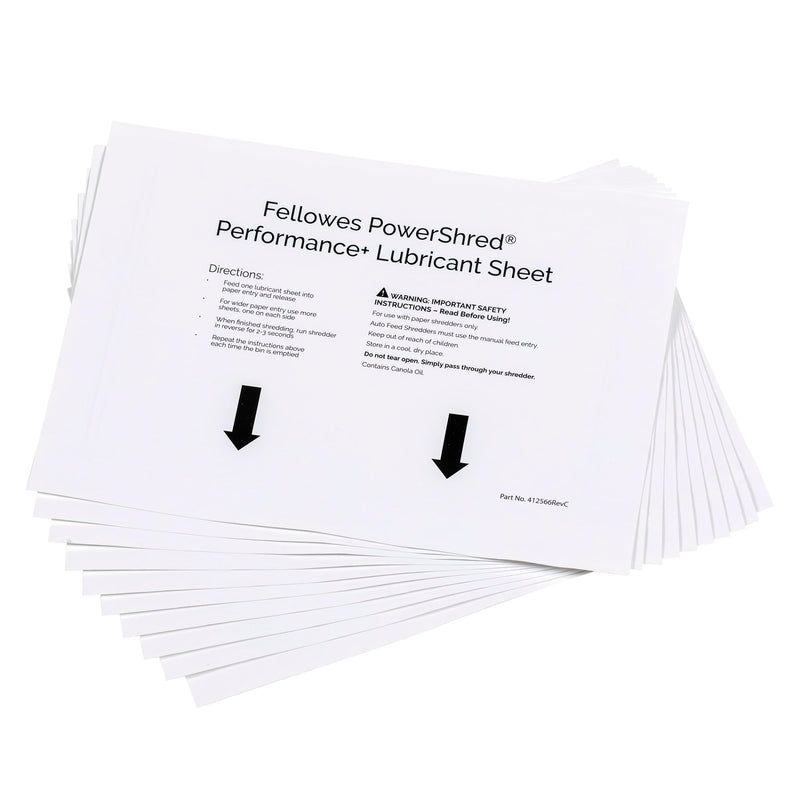 Fellowes Powershred Performance Paper Shredder Lubricant Sheets with Paper Shredder Oil Lubricant for Cross-Cut and Micro-Cut Paper Shredders, 6 x 8.50 x 0.031 Inch, 10-Pack