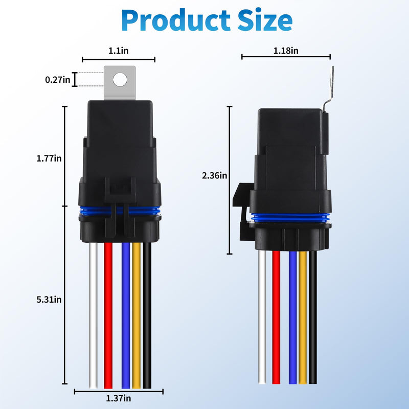 5-Pin Waterproof Relay Kit 40/30 AMP 12V Relay Switch with Harness 12&16 AWG Tinned Copper Wires, SPDT Automotive Relay Kit for Horns Starters Radiator Motor Fans Boats, Pack of 2