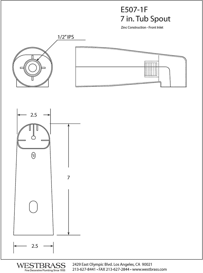 Westbrass E507-1F-20 7" Reach Wall Mount Tub Spout, Stainless Steel