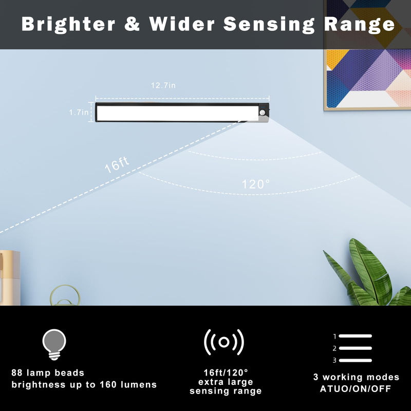 88LED Motion Sensor Under Cabinet Lights Indoor, 3 Color Temps Dimmable Closet Lighting, Rechargeable Wireless Magnetic Strip Night Counter Light for Hallway, Stair, Drawer, Wardrobe(2Pack, 12.7inch) 88LED-12.7inch