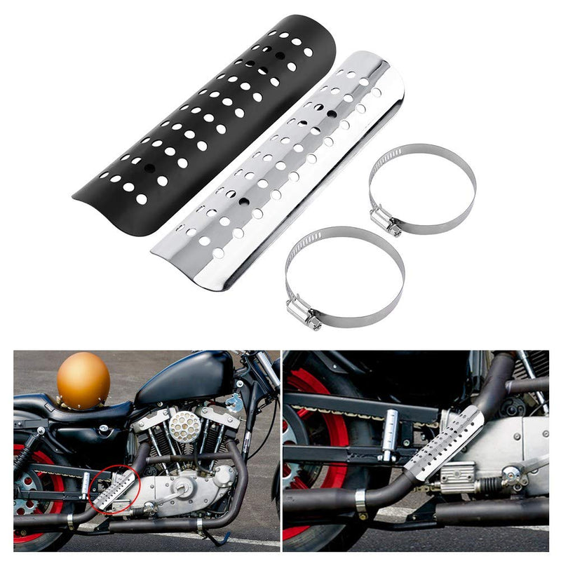 Motorcycle Heat Shield, Metal Exhaust Heat for Universal, Exhaust Pipe Heat Shield Baffle Cover with 2 Stainless Steel Clamps (Black) Black