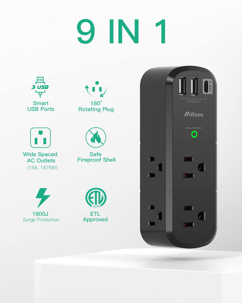 Surge Protector USB Outlet Extender with Rotating Plug, 6 AC Multi Plug Outlet and 3 USB Ports (1 USB C), 3-Sided Swivel Power Strip Outlet Splitter for Home, Dorm Room Essentials (2 Pack) 2 Pack Black