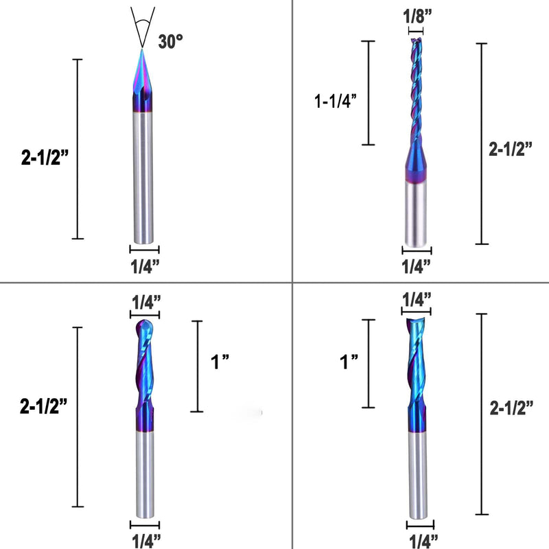 5PCS CNC Router Bits Set 1/4 inch Shank Spiral Carbide End Mill Multipurpose Router Bits for Engraving Sign Making Grooving Slots and Mortises
